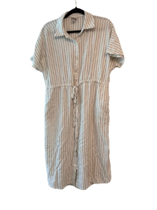 a new day Dresses & Skirts - Striped Short-Sleeve Linen Blend Drawstring Shirt Dress - White and Back